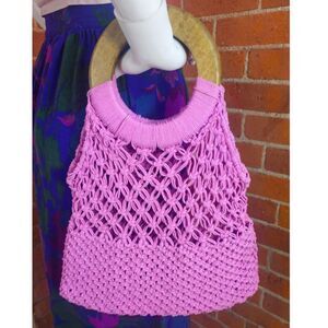 Vintage-inspired Pink Macramé Bag with Wood Handles- Boho Perfection